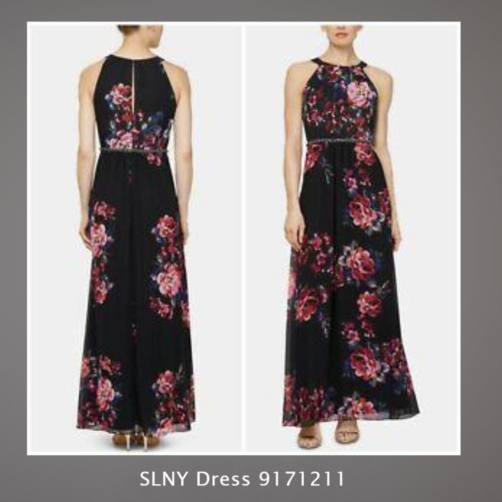 SLNY Black Floral Embellished Maxi Dress
